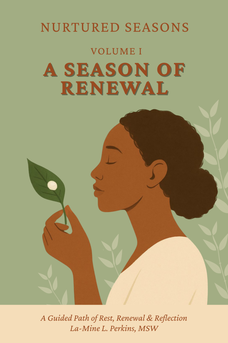 Nurtured Seasons Volume I Cover: Renewal Renewal: Illustration of a woman holding a green leaf, symbolizing new beginnings and reflection.