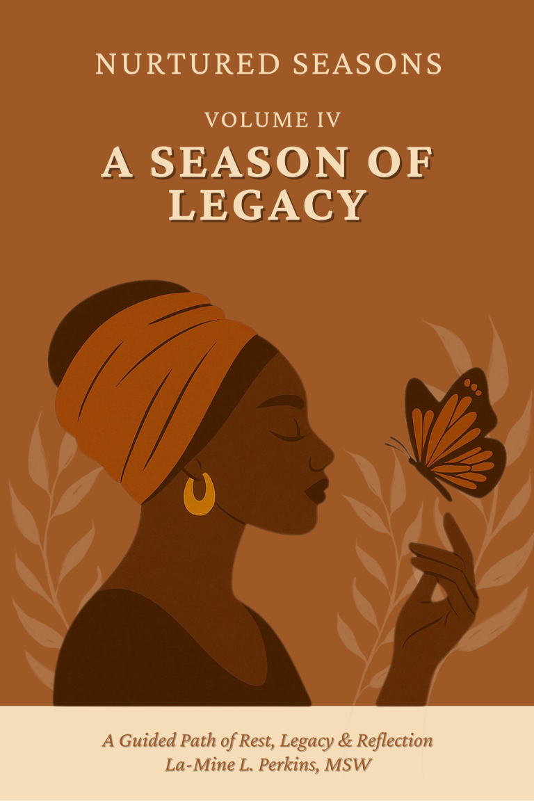 Nurtured Seasons Volume IV Cover: Legacy Harvest: Illustration of a woman surrounded by fall tones, symbolizing gratitude and completion.