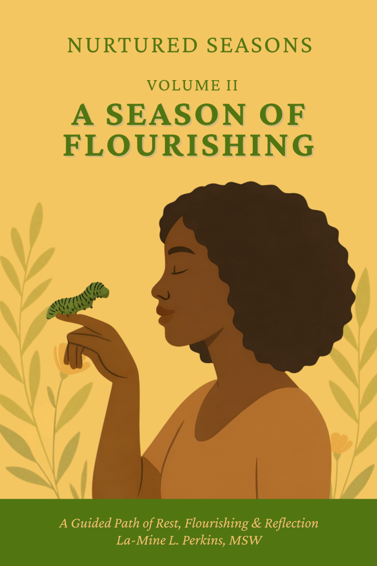 Nurtured Seasons Volume II: Flourishing A woman with a bird on her hand, surrounded by green leaves and a warm background.• Flourishing: Illustration of a woman with a butterfly, s