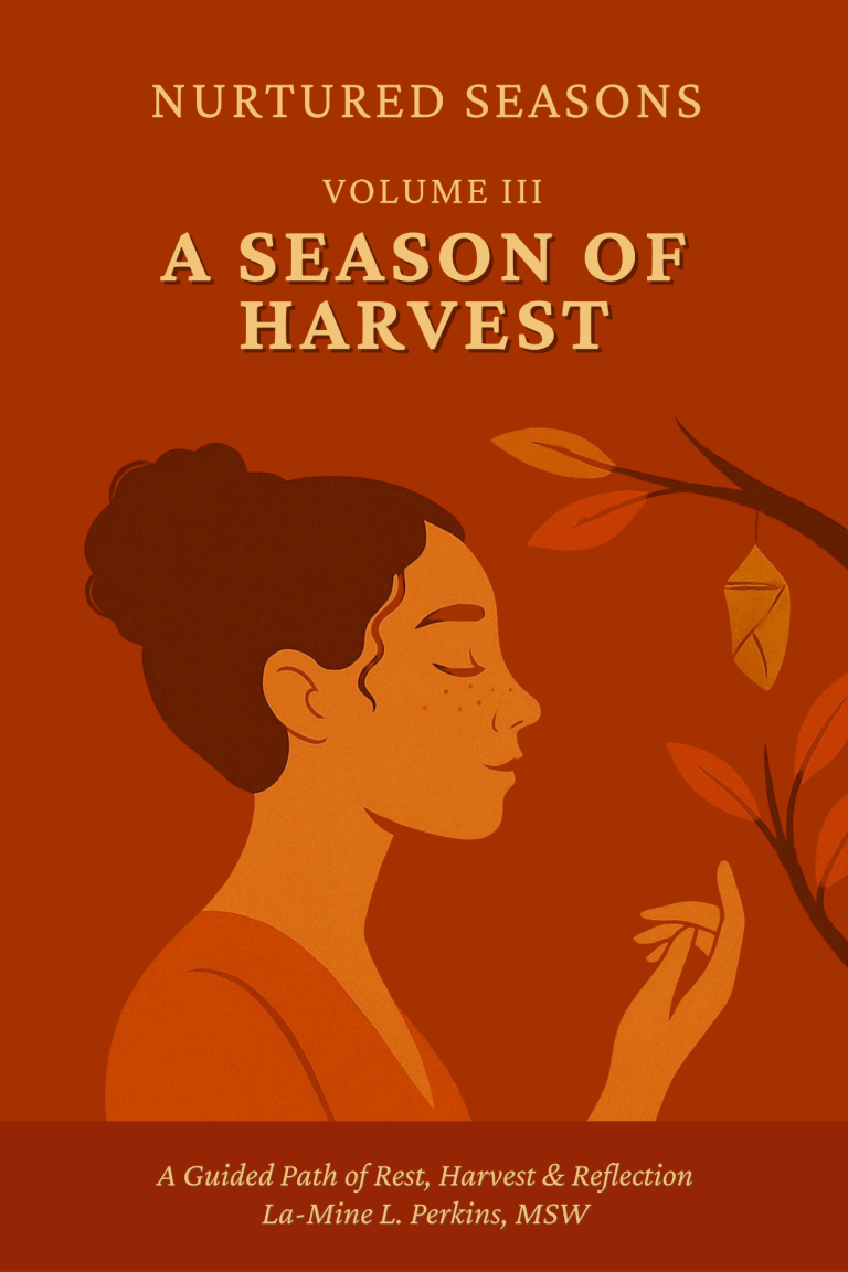 Nurtured Seasons Volume III Cover: Harvest Harvest: Illustration of a woman surrounded by fall tones, symbolizing gratitude and completion.