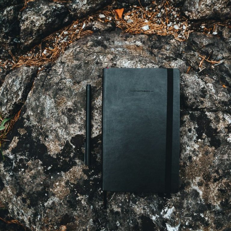 Nurtured Seasons Coaching & Leadership Support A black notebook and pen resting on a textured rock surface.