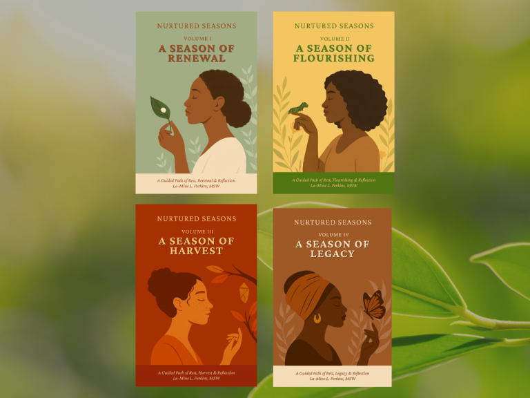Nurtured Seasons Journal Four illustrated book covers featuring diverse women, each highlighting themes of nature and empowerment.